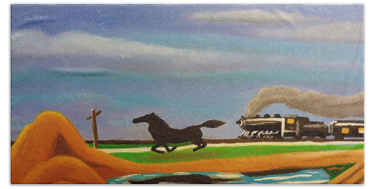 Horse Bath Towel featuring the painting The Race #1 by Margaret Harmon