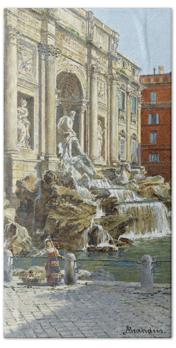 Antonietta Brandeis ; The Trevi Fountain In Rome Bath Towel featuring the painting The Trevi Fountain In Rome #2 by MotionAge Designs