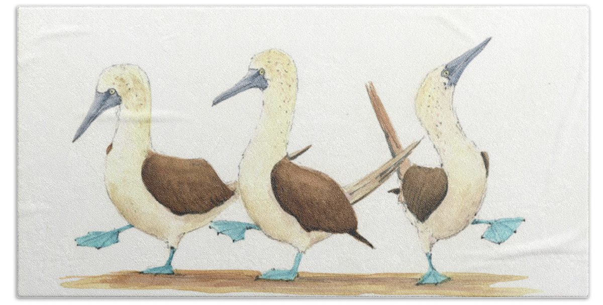 Bird Drawing Hand Towel featuring the painting Three blue footed boobies by Juan Bosco