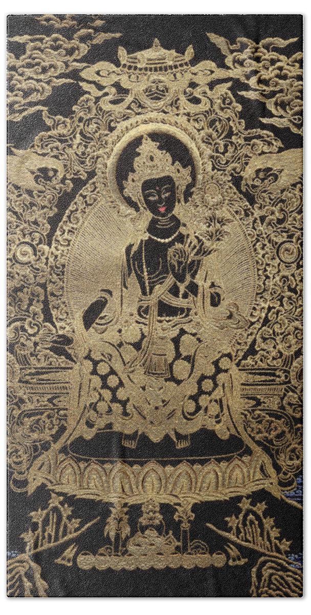 Treasures Of Tibet By Serge Averbukh Bath Towel featuring the photograph Tibetan Thangka - Maitreya Buddha #1 by Serge Averbukh