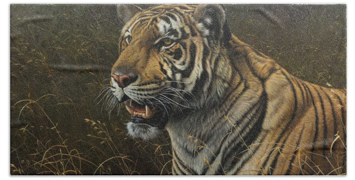 Wildlife Paintings Hand Towel featuring the painting Tiger Portrait #1 by Alan M Hunt
