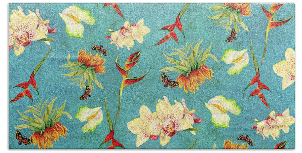 Orchid Hand Towel featuring the painting Tropical Island Floral Half Drop Pattern by Audrey Jeanne Roberts