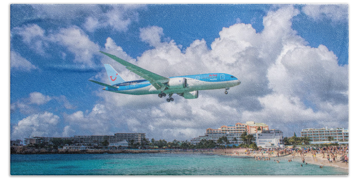 Tui Airlines Bath Towel featuring the photograph TUI Airlines Netherlands landing at St. Maarten airport. #1 by David Gleeson