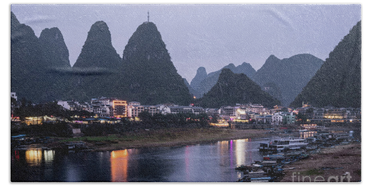 China - East Asia Hand Towel featuring the photograph Twilight over the Lijang river in Yangshuo #1 by Didier Marti