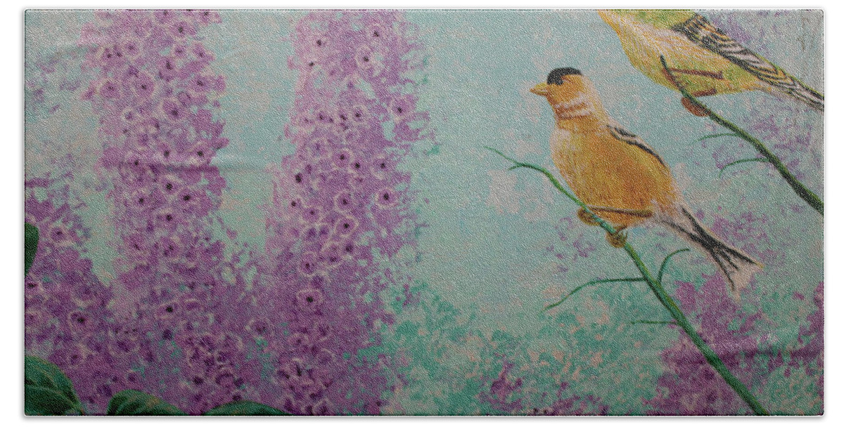 Acrylic Hand Towel featuring the painting Two chickadees #1 by Martin Valeriano
