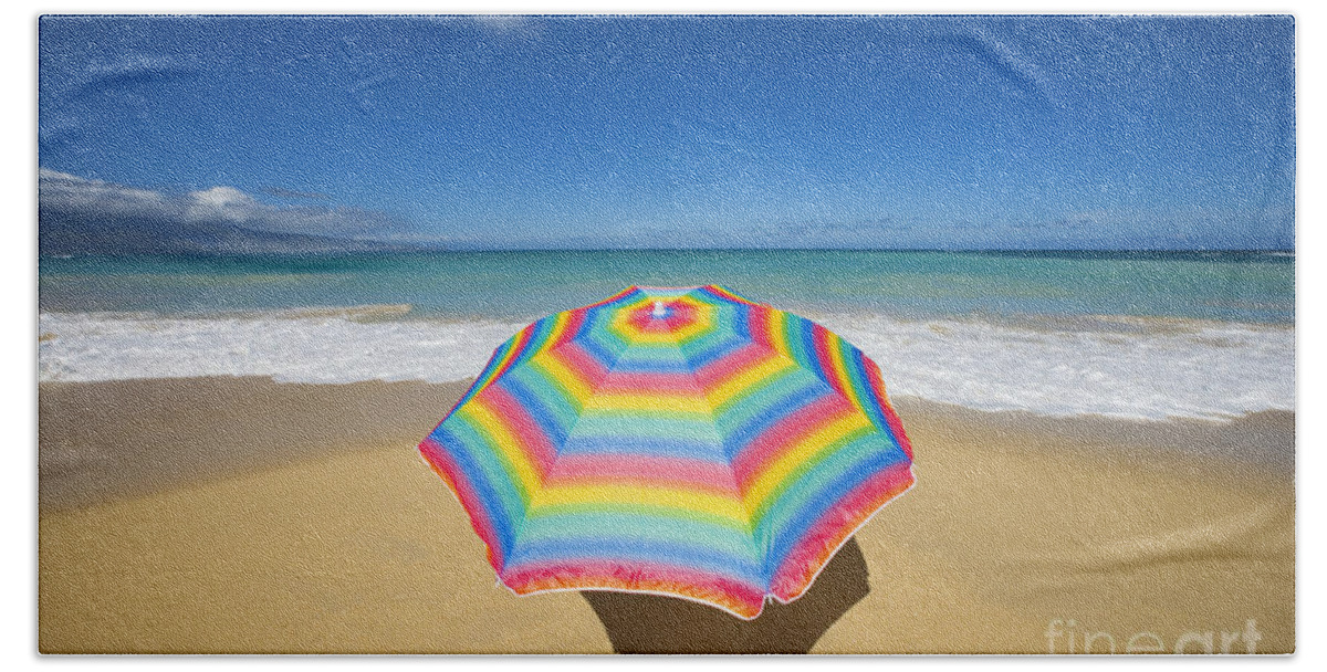 Afternoon Bath Towel featuring the photograph Umbrella on Beach #1 by Ron Dahlquist - Printscapes