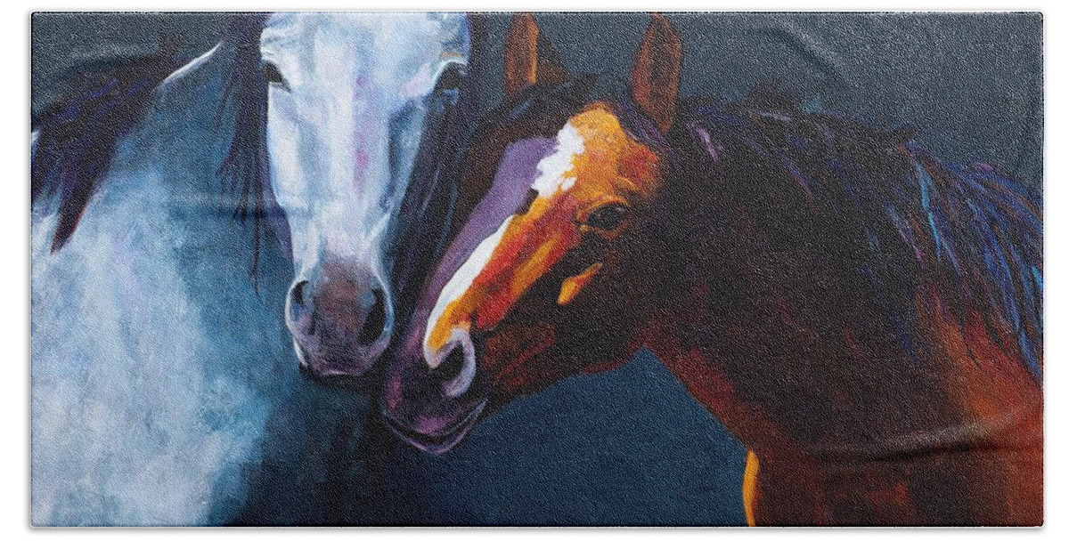 Horses Hand Towel featuring the painting Unbridled Love by Frances Marino