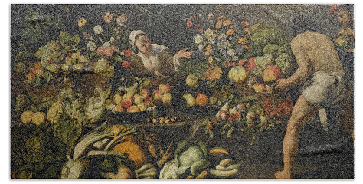 Italo - Flemish School Bath Towel featuring the painting Vegetables And Flowers Arranged by MotionAge Designs