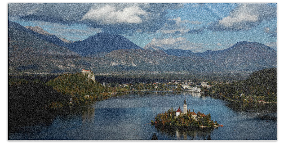 Bled Bath Towel featuring the photograph View of Lake Bled from Ojstrica #1 by Ian Middleton