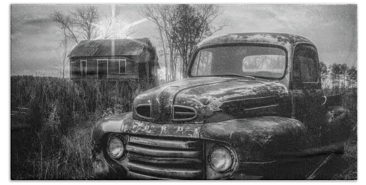 1948 Hand Towel featuring the photograph Vintage Classic Ford Pickup Truck in Black and White #2 by Debra and Dave Vanderlaan