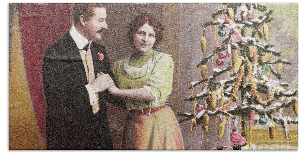 Merry Bath Towel featuring the digital art Vintage German christmas postcard by Patricia Hofmeester
