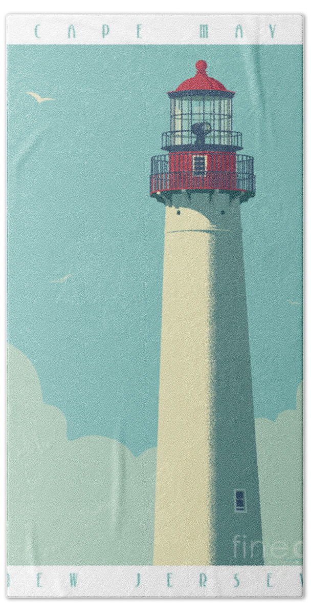 Cape May Hand Towel featuring the digital art Cape May Poster - Vintage Travel Lighthouse by Jim Zahniser