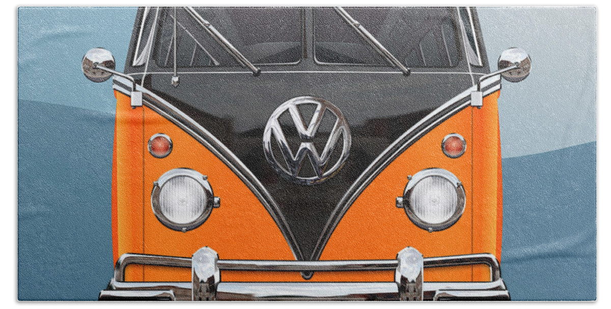 'volkswagen Type 2' Collection By Serge Averbukh Hand Towel featuring the photograph Volkswagen Type 2 - Black and Orange Volkswagen T 1 Samba Bus over Blue by Serge Averbukh