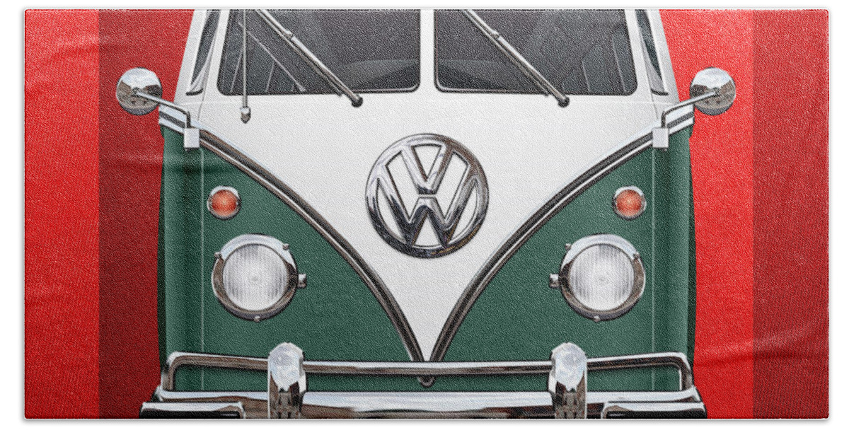 'volkswagen Type 2' Collection By Serge Averbukh Hand Towel featuring the photograph Volkswagen Type 2 - Green and White Volkswagen T 1 Samba Bus over Red Canvas by Serge Averbukh