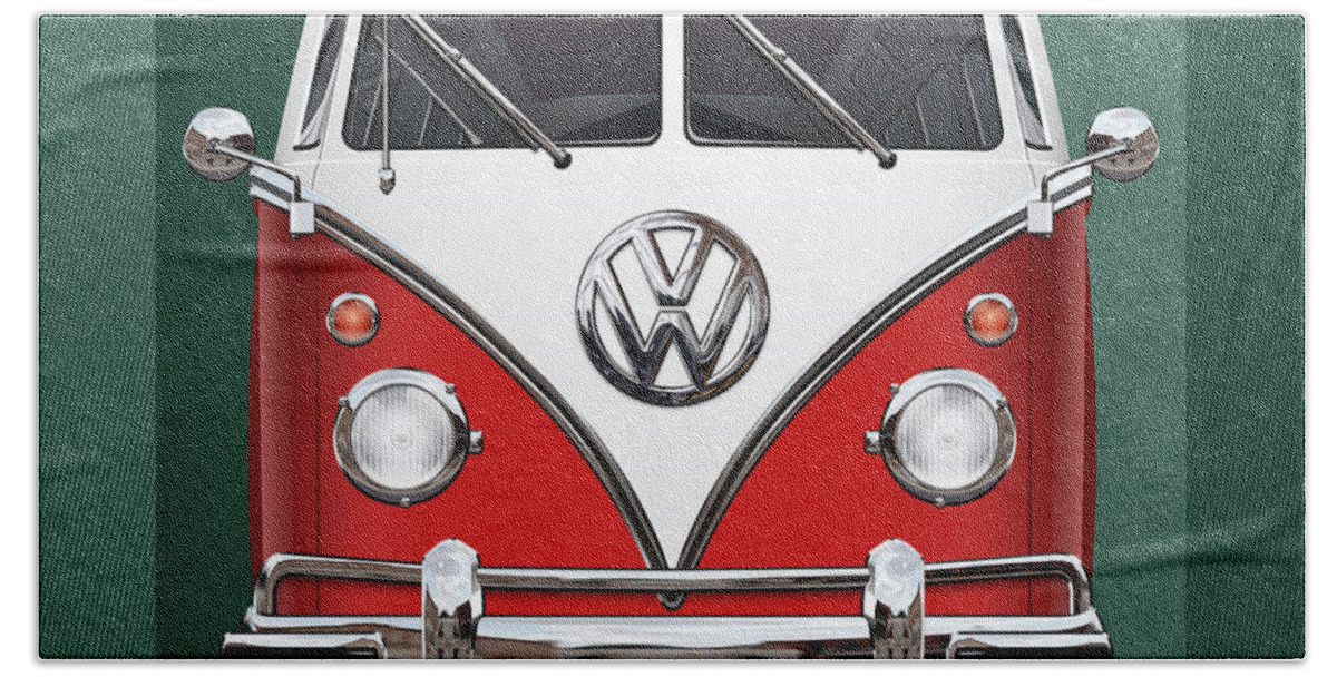 'volkswagen Type 2' Collection By Serge Averbukh Hand Towel featuring the photograph Volkswagen Type 2 - Red and White Volkswagen T 1 Samba Bus over Green Canvas by Serge Averbukh