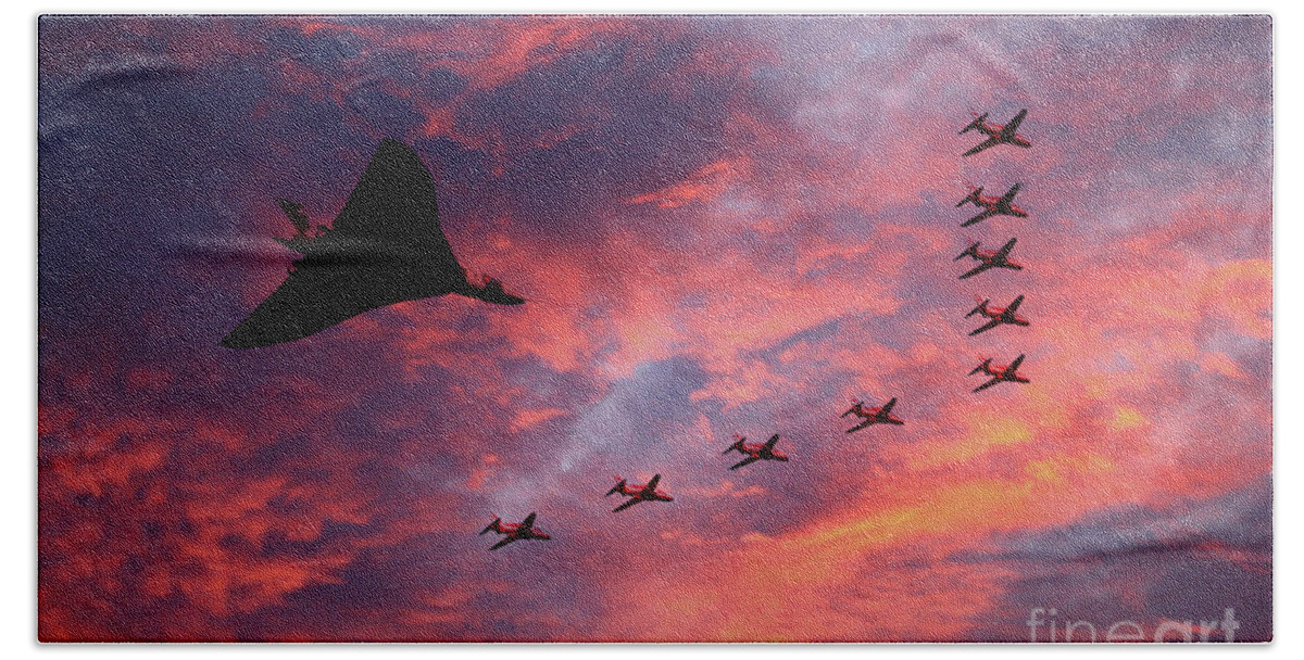 Avro Vulcan Bomber Xh558 Sunset Formation With The Red Arrows Bath Towel featuring the digital art Vulcan XH558 and Red Arrows #1 by Airpower Art