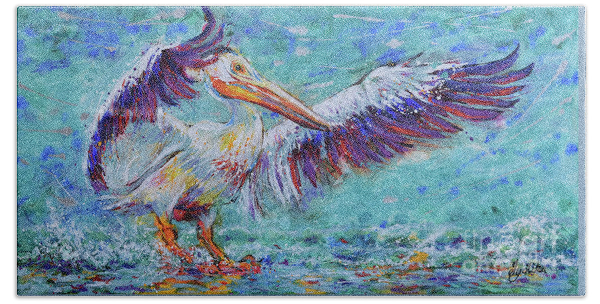  Bath Towel featuring the painting White Pelican Splendid Landing by Jyotika Shroff
