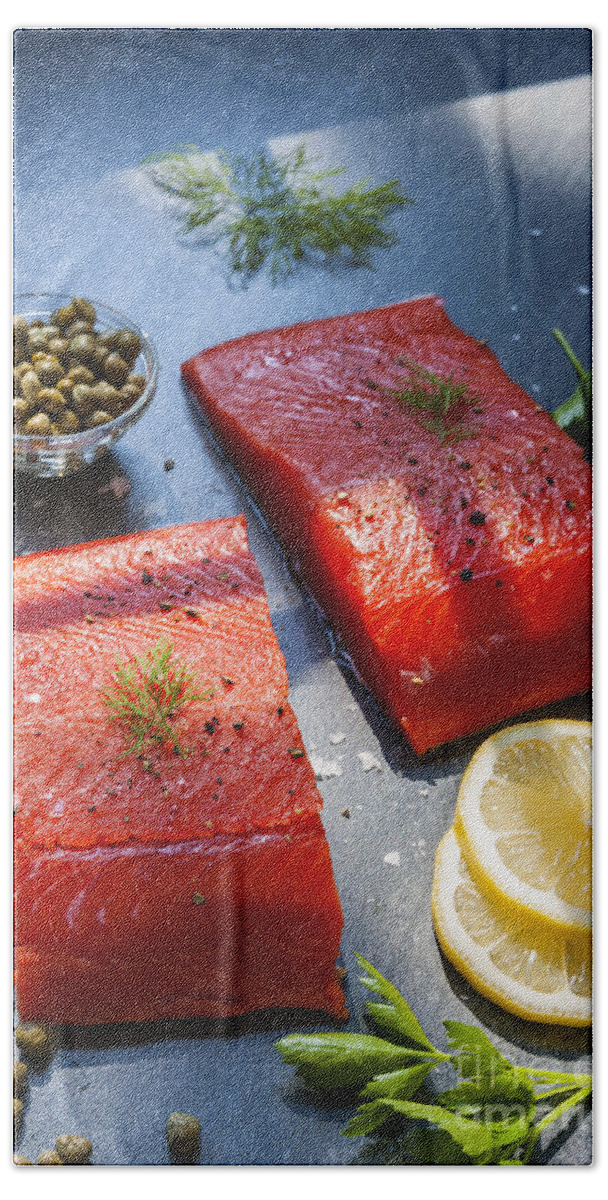 Salmon Hand Towel featuring the photograph Wild salmon steaks 1 by Elena Elisseeva
