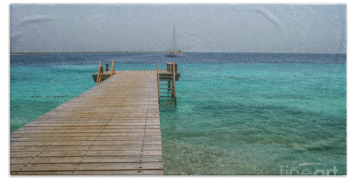 Boat Bath Towel featuring the photograph Wooden jetty in Caribbean ocean by Patricia Hofmeester