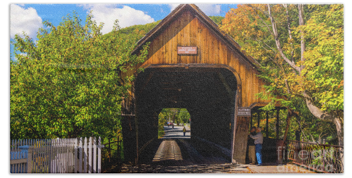 Woodstock Middle Bridge Hand Towel featuring the photograph Woodstock Middle Bridge #1 by Scenic Vermont Photography