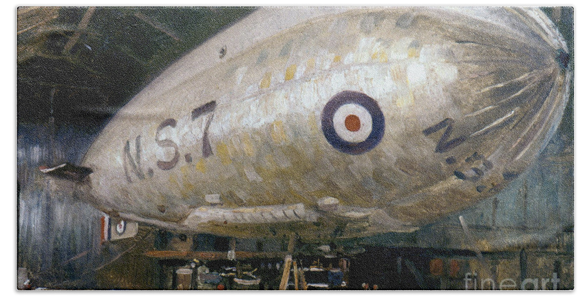 -aviation- Bath Towel featuring the painting World War I - British Airship by Alfred Egerton Cooper
