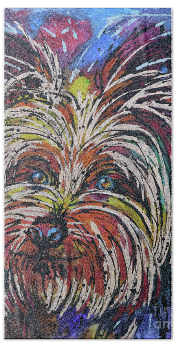 Yorkshire Terrier Bath Towel featuring the painting Yorkshire Terrier by Jyotika Shroff