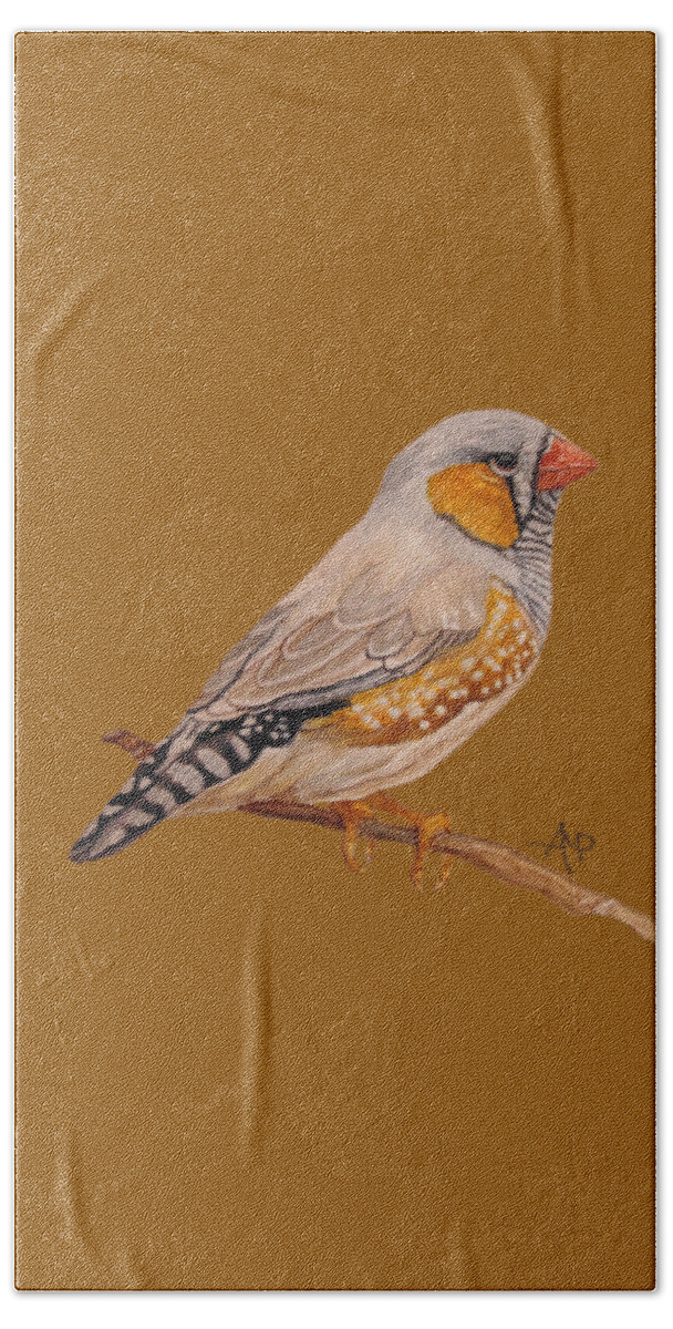 Zebra Finch Bath Towel featuring the painting Zebra Finch by Angeles M Pomata