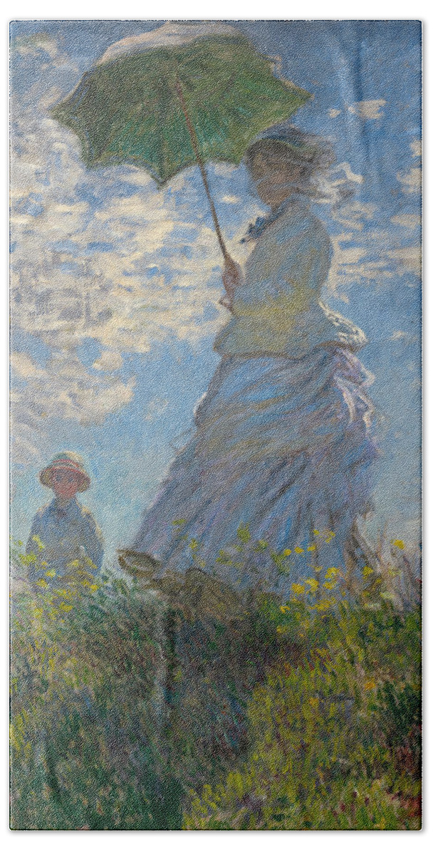 Claude Monet Bath Towel featuring the painting Woman With A Parasol #8 by Claude Monet