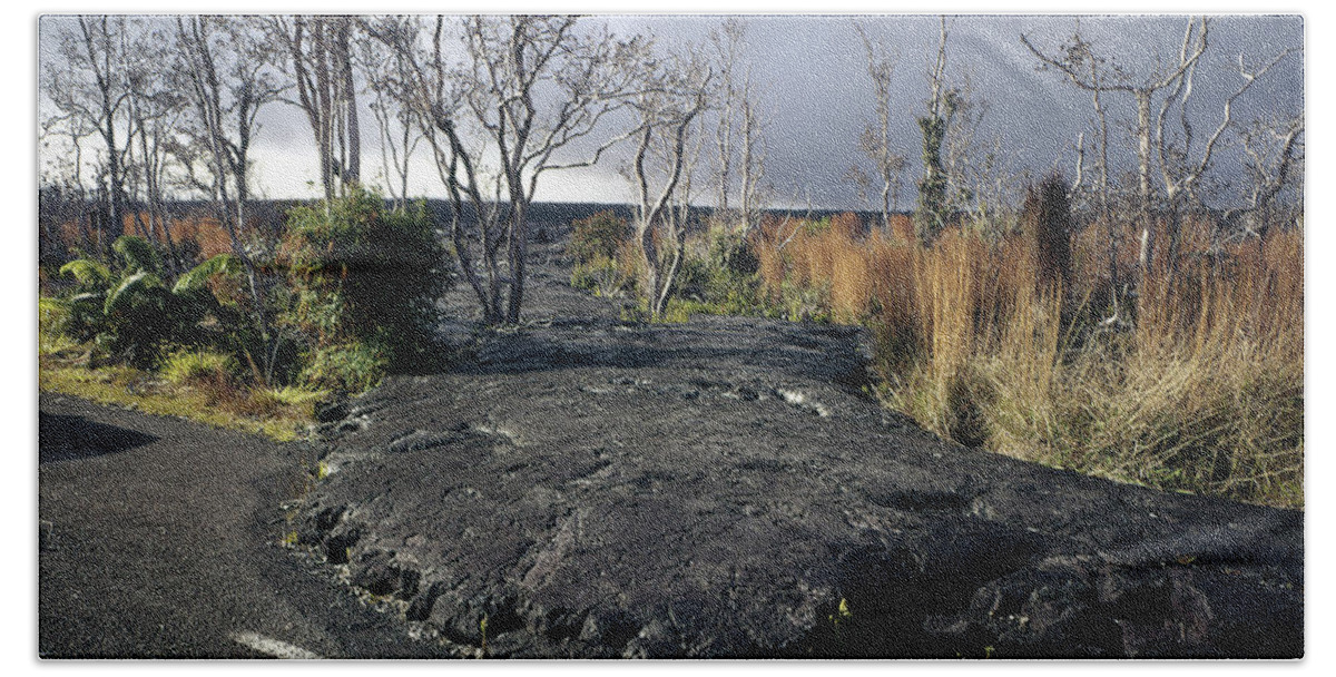 Volcano Bath Towel featuring the photograph 100925 Lava Flow On Road HI by Ed Cooper Photography