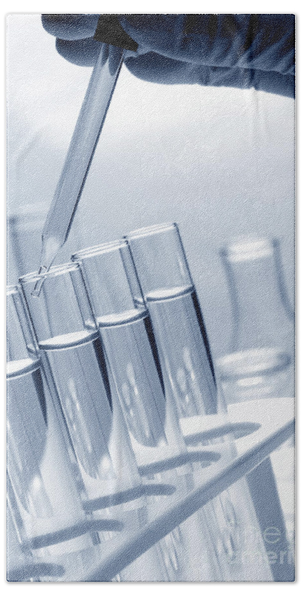 Blue Bath Towel featuring the photograph Test Tubes in Science Research Lab #107 by Olivier Le Queinec