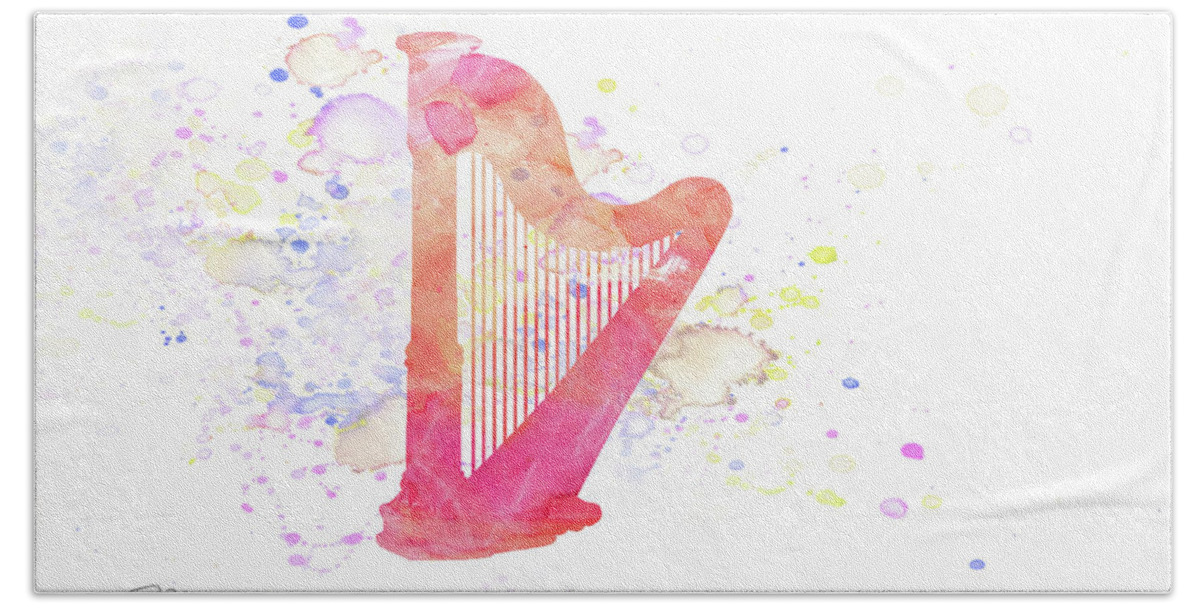 Musical Instrument Bath Towel featuring the mixed media 10831 Harp by Pamela Williams