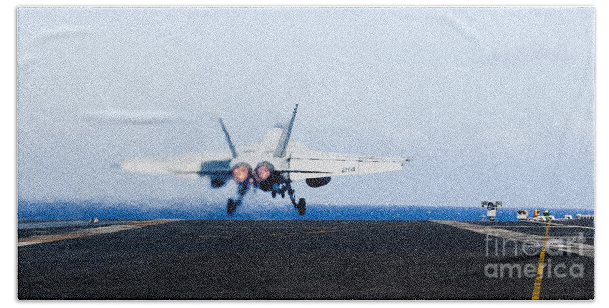 Afterburner Bath Towel featuring the photograph An Fa-18e Super Hornet Launches #11 by Stocktrek Images