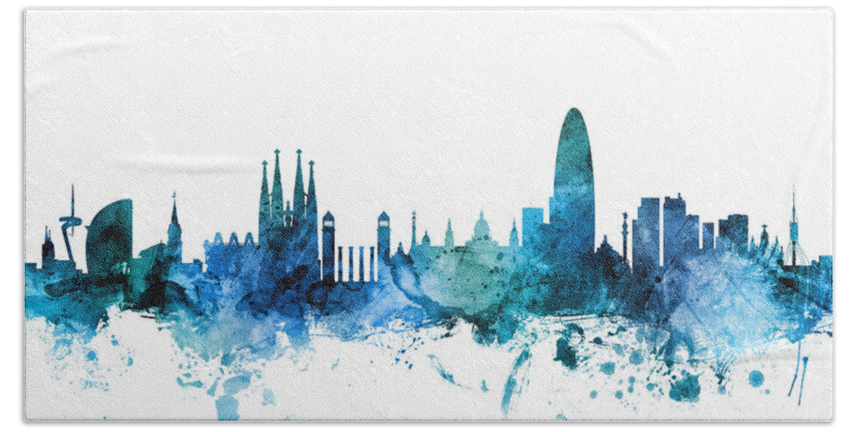 Barcelona Hand Towel featuring the digital art Barcelona Spain Skyline by Michael Tompsett