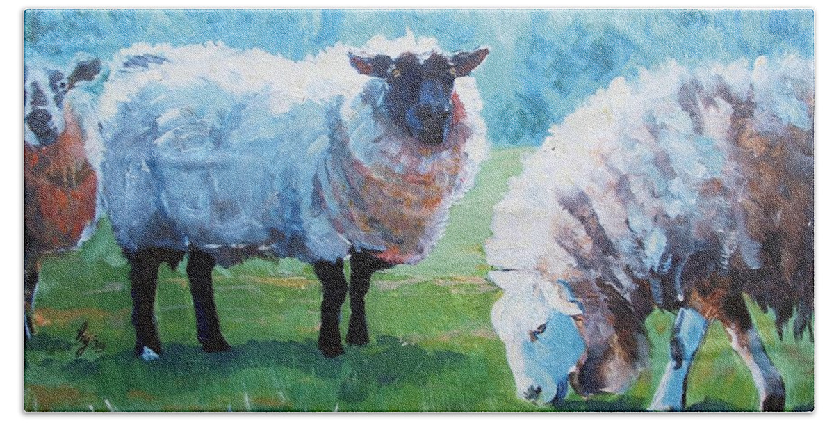 Sheep Bath Towel featuring the painting Sheep #11 by Mike Jory