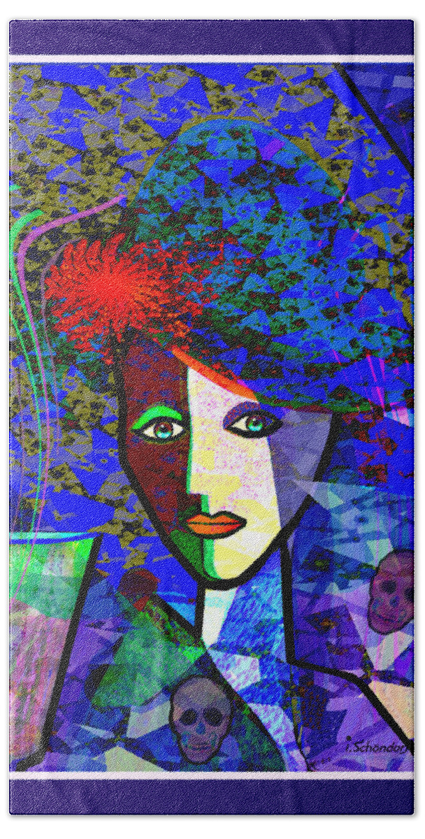 1151 Bath Towel featuring the digital art 1151 - Blue Lady With Skulls And Flower 2017 by Irmgard Schoendorf Welch