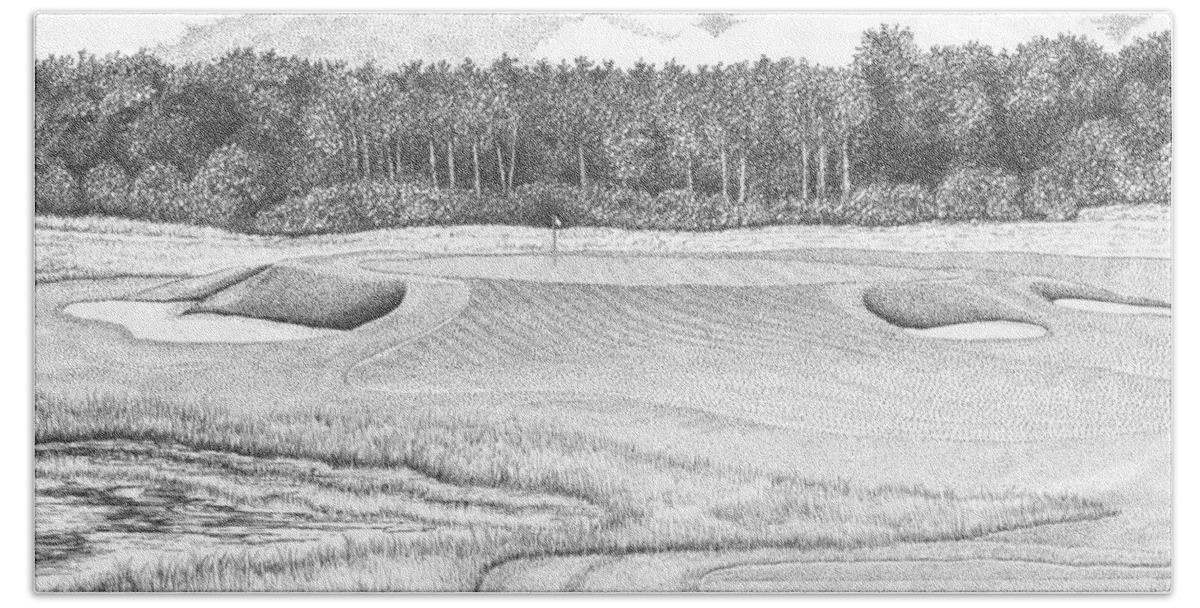 Golf Bath Towel featuring the drawing 11th Hole - Trump National Golf Club by Lawrence Tripoli