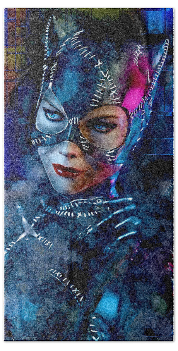 Michelle Pfeiffer Bath Towel featuring the mixed media Catwoman #10 by Marvin Blaine