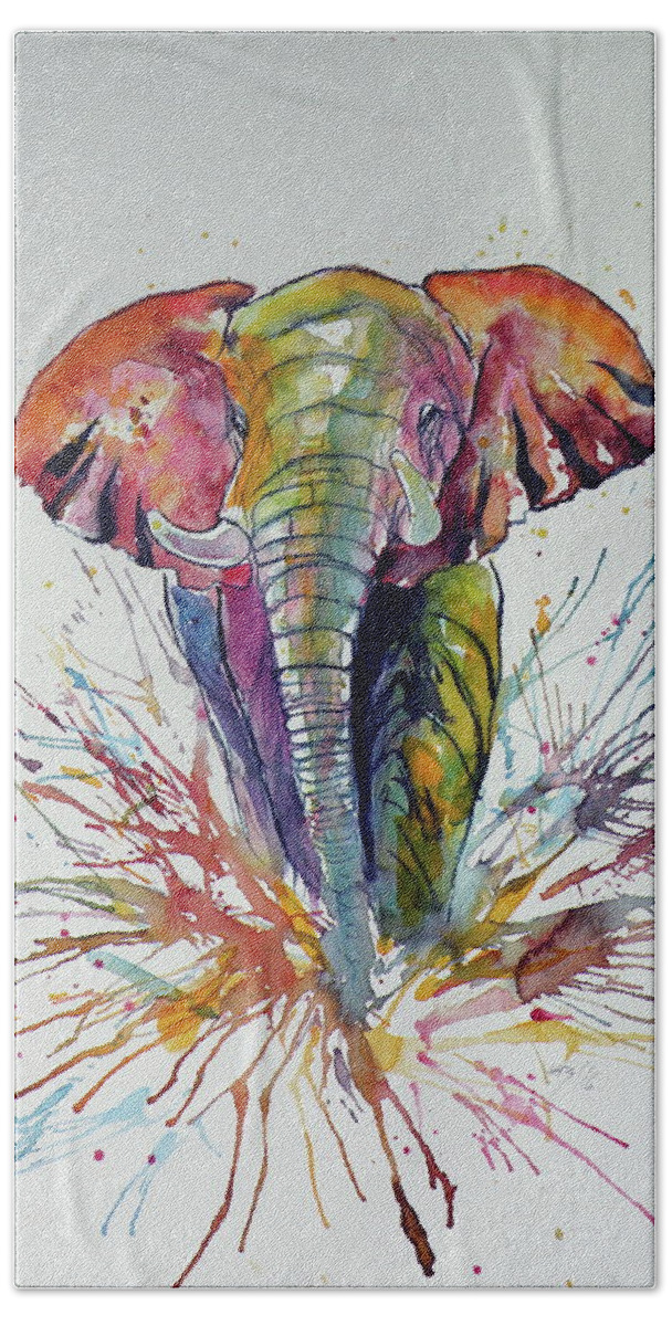 Colorful Bath Towel featuring the painting Colorful elephant #14 by Kovacs Anna Brigitta