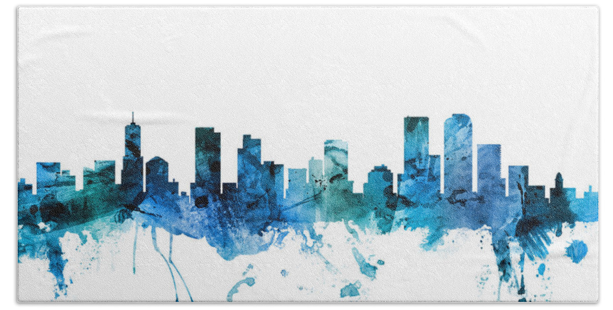 Denver Hand Towel featuring the digital art Denver Colorado Skyline #13 by Michael Tompsett