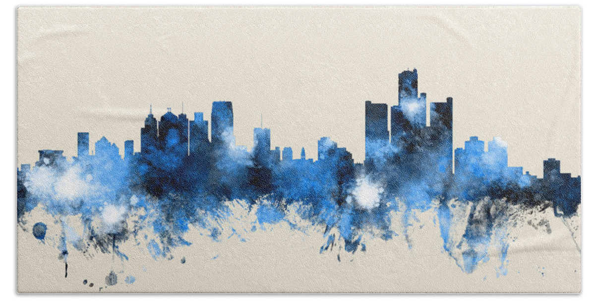 Detroit Hand Towel featuring the digital art Detroit Michigan Skyline by Michael Tompsett