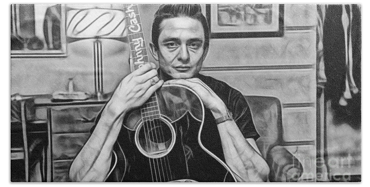 Johnny Cash Art Bath Towel featuring the mixed media Johnny Cash Collection #13 by Marvin Blaine