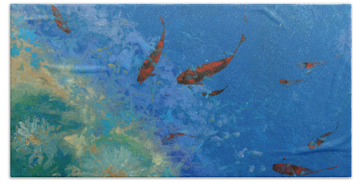 Fishscape Bath Sheet featuring the painting 13 Pesciolini Rossi by Guido Borelli