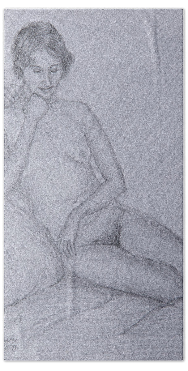 Nude Bath Towel featuring the drawing Nude Study #161 by Masami Iida