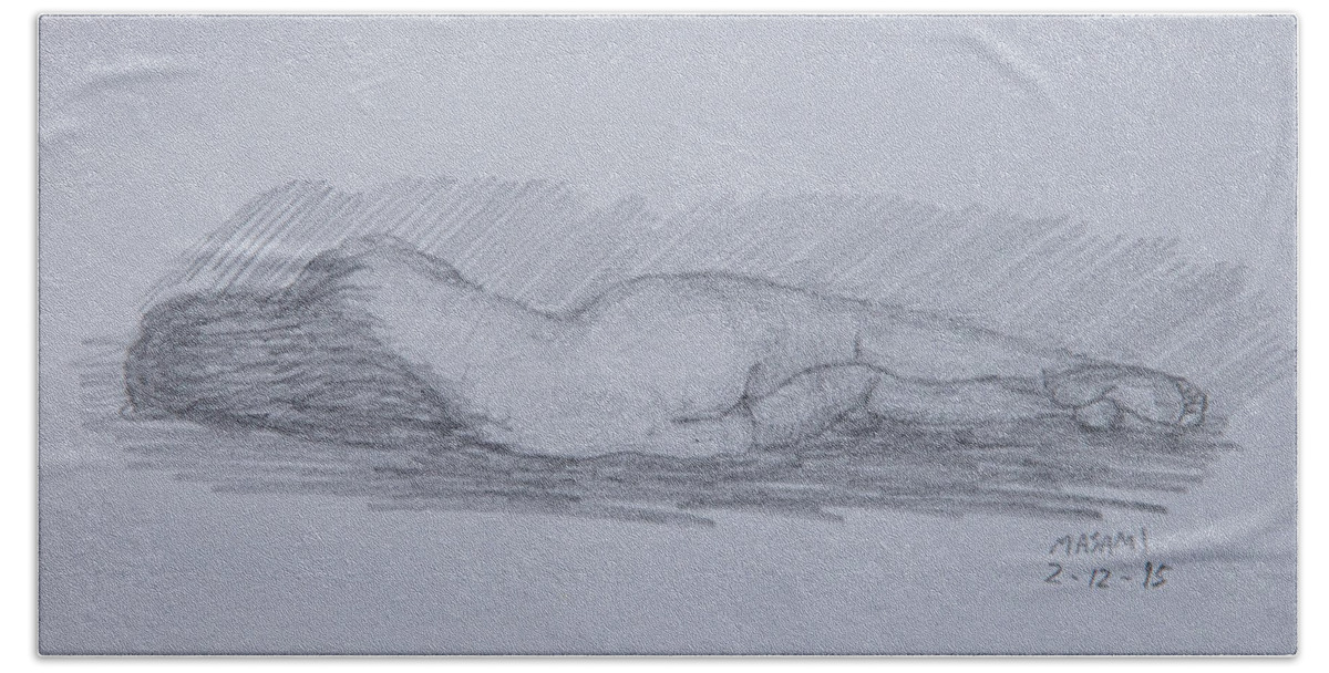 Nude Bath Towel featuring the drawing Nude Study #169 by Masami Iida