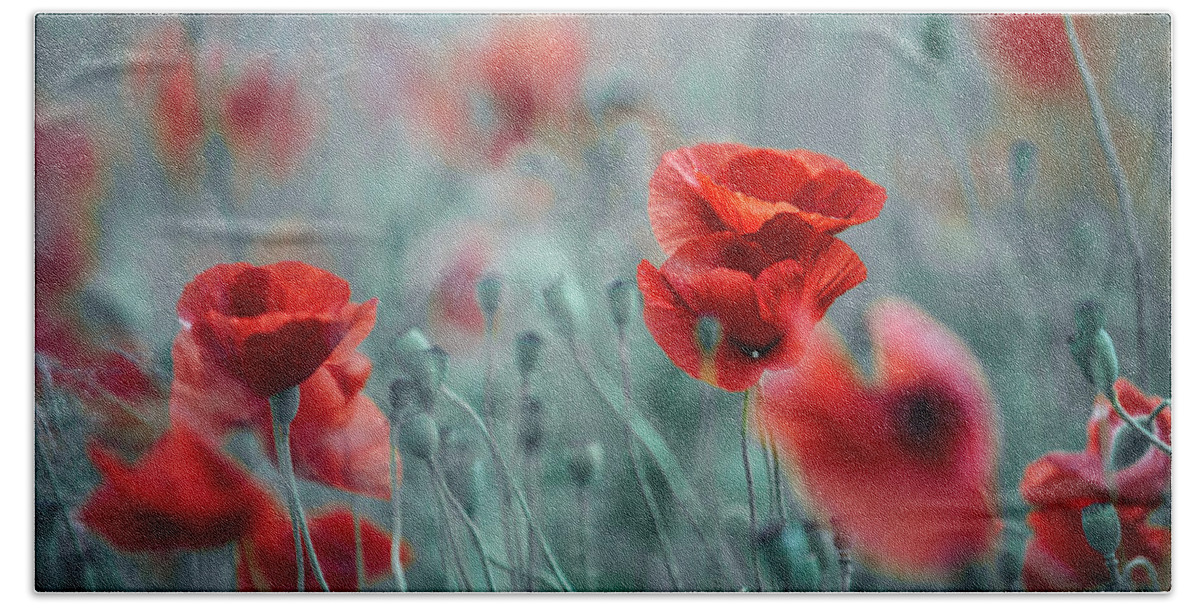 Poppy Hand Towel featuring the photograph Summer Poppy Meadow by Nailia Schwarz