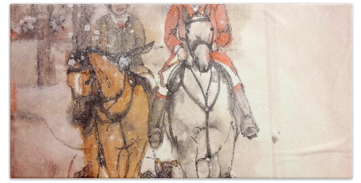 Horses. Riding. Hounds. Foxhunting. Hand Towel featuring the painting Talley ho album #17 by Debbi Saccomanno Chan