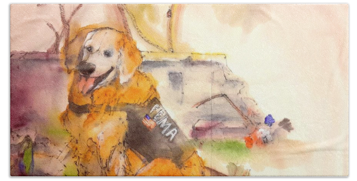 Memorial. Bretagne. Service Dog. 9-11. R.i.p...hero Bath Towel featuring the painting Dogs dogs dogs album #18 by Debbi Saccomanno Chan
