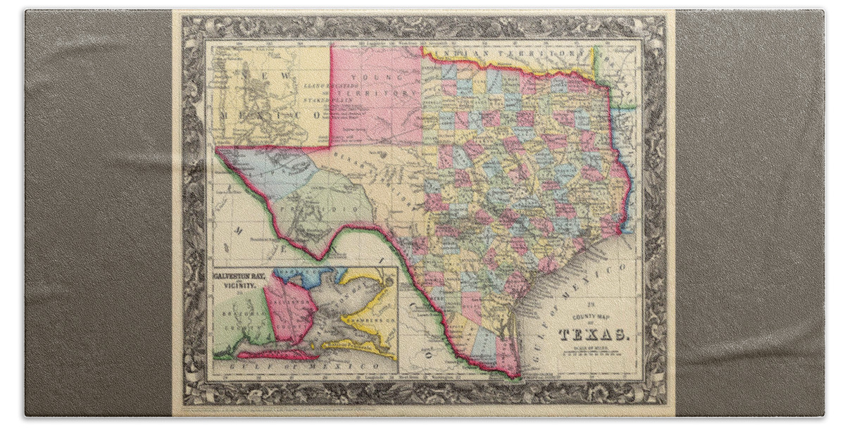 Texas Bath Towel featuring the digital art 1860 Pre-Civil War County Map of Texas by S.A. Mitchell by Texas Map Store