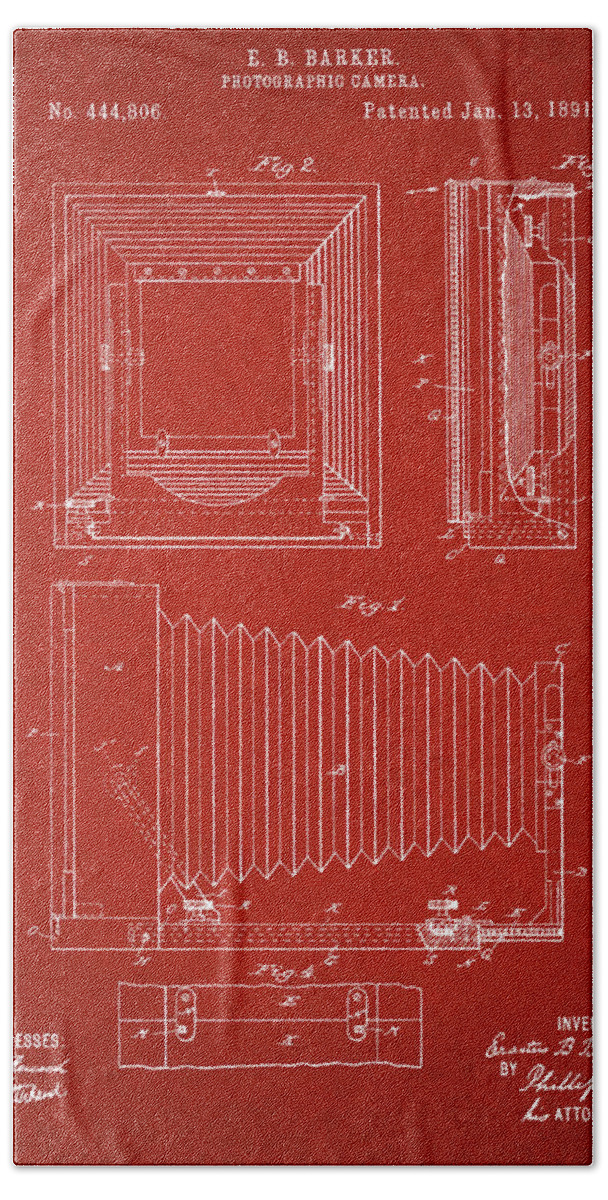 Patent Hand Towel featuring the digital art 1891 Camera US Patent Invention Drawing - Red by Todd Aaron