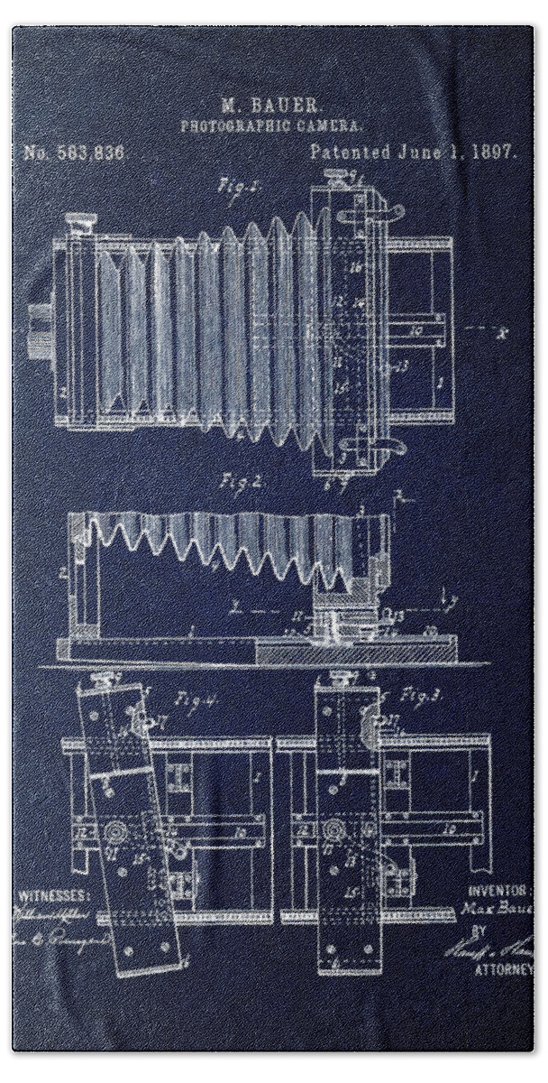 Patent Bath Towel featuring the digital art 1897 Camera US Patent Invention Drawing - Dark Blue by Todd Aaron